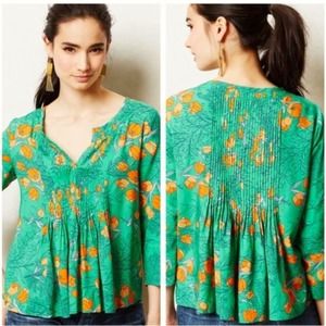 Vanessa Virginia Green & Orange Pintucked Poppy Swing Blouse